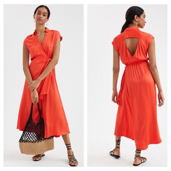 Anthropologie Maeve Open-Back Satin Wrap Midi Dress Orange Small - Picture 1 of 16